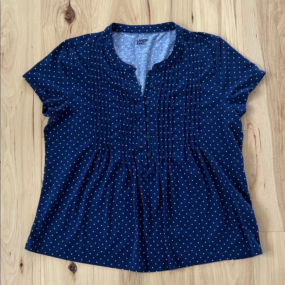 Lands End Navy Blue Polka Dot Short Sleeve Top